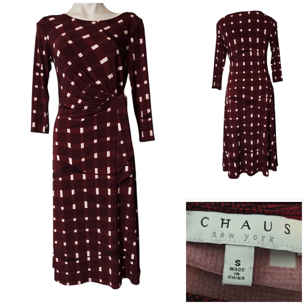 Chaus New York Burgundy Geometric Square Print Faux Wrap Midi Dress Small